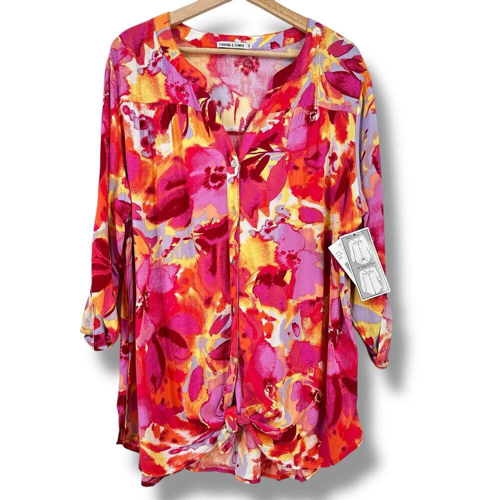 Figueroa & Flower Tie Front V Neck Shirt Womens Plus Size 1X Coral Floral Print